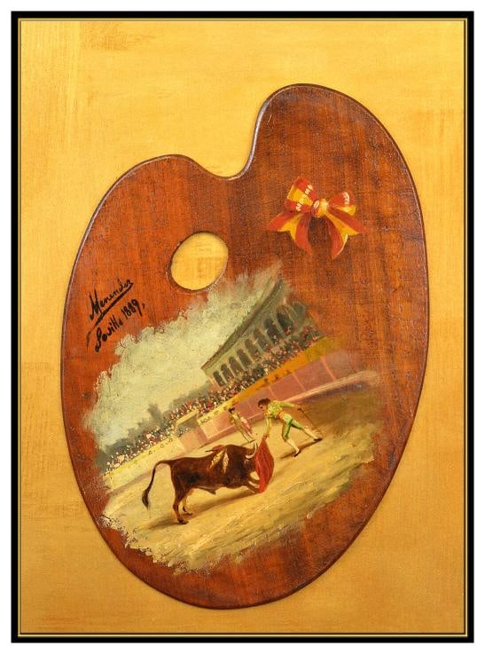 Luis Menendez Pidal Original Oil Painting On Artist's Palette Signed Bull Fight - 2