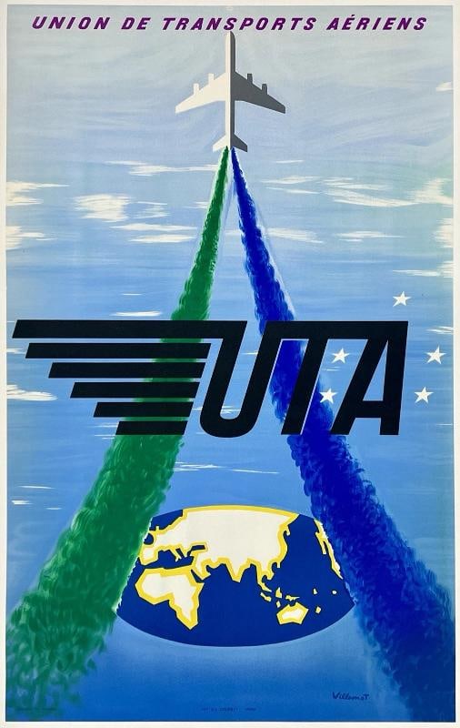 Original Vintage Poster UTA - UNION DES TRANSPORTS ARIENS Airline Travel LINEN: Dimensions: 24.5 x 39.2 in. / 62.2 x 99.5 cm.; Circa: 1950s Original vintage "UTA - UNION DES TRANSPORTS ARIENS" airline travel poster, signed in the plate by its artist, BERNARD VILLEMOT, and