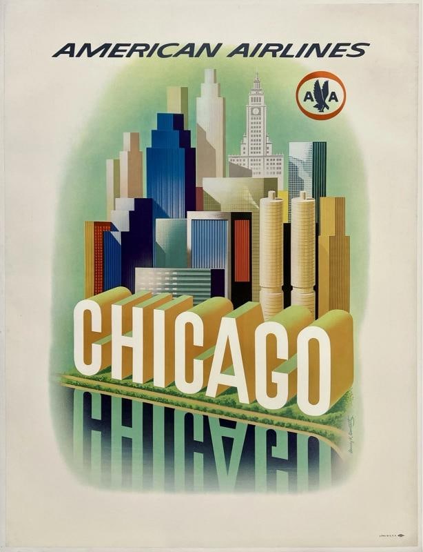 Original Vintage Poster CHICAGO AMERICAN AIRLINES Airline Travel Tourism LINEN (1 of 5)