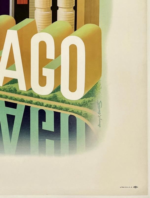 Original Vintage Poster CHICAGO AMERICAN AIRLINES Airline Travel Tourism LINEN - 5