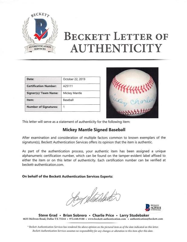 Yankees Mickey Charles Mantle Authentic Signed Oal Baseball PSA & BAS LOAs - 8
