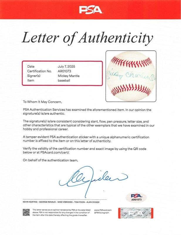 Yankees Mickey Charles Mantle Authentic Signed Oal Baseball PSA & BAS LOAs - 9