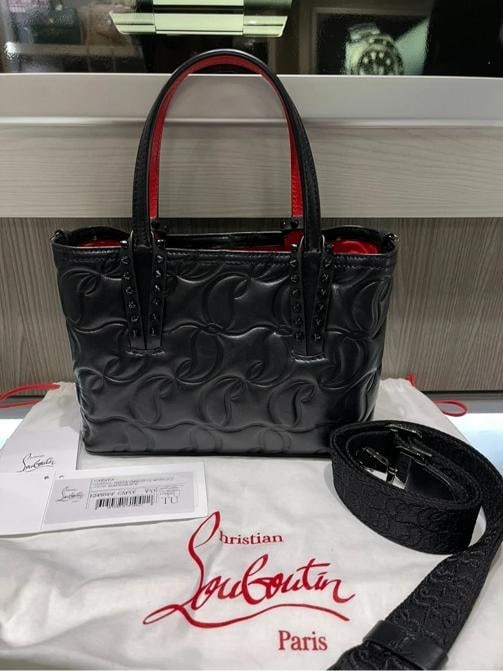 Christian Louboutin Nappa Embossed Mini East West Cabata Tote Black: Condition: Pre-owned - Good,Brand: Christian Louboutin,Department: Women,Size: Mini,Exterior Color: Black,Style: Tote,Exterior Material: embossed nappa leather,Country of Origin: Italy The Christian