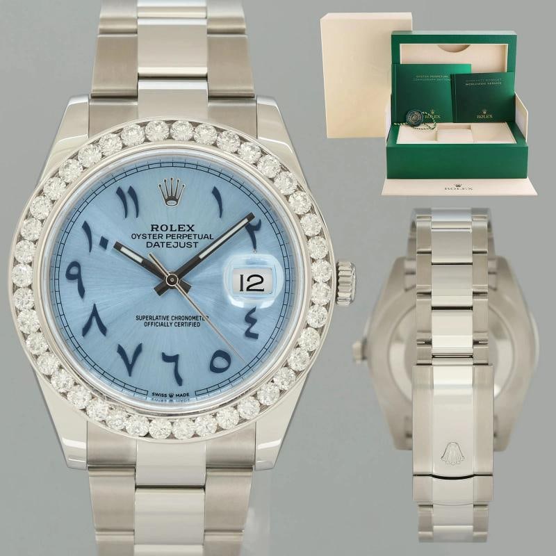 BLUE ARABIC Rolex DateJust 126334 Diamond Oyster Fluted 41mm Watch Box: Condition: Pre-owned - Excellent,Brand: Rolex,Department: Unisex Adults,Type: Wristwatch,Model: DateJust,Reference Number: 126334,With Original Box/Packaging: Yes,With Papers: No,Customized: Yes,UPC: