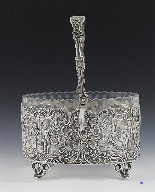 Antique 19th Century Art Nouveau German Openwork Silver Glass Liner Basket Dish: Type: Basket,Age: 1875-1900,Style: Art Nouveau,Material: Silver, glass,Region: Germany,Maker: Wolf & Knell,Composition: .800 purity,Year Made: c1880,Country of Origin: Germany Presented is a decorativ