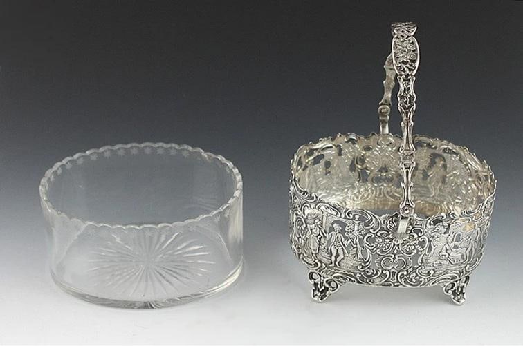 Antique 19th Century Art Nouveau German Openwork Silver Glass Liner Basket Dish - 2