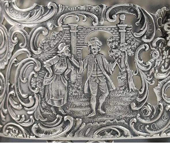 Antique 19th Century Art Nouveau German Openwork Silver Glass Liner Basket Dish - 4
