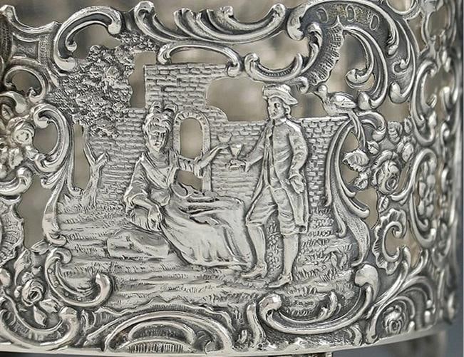 Antique 19th Century Art Nouveau German Openwork Silver Glass Liner Basket Dish - 5