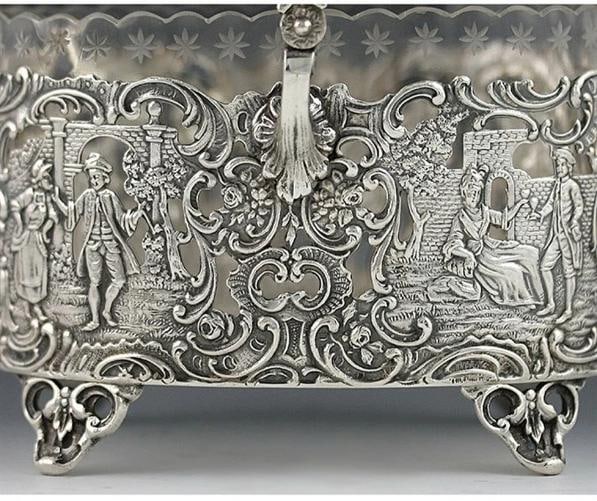 Antique 19th Century Art Nouveau German Openwork Silver Glass Liner Basket Dish - 6