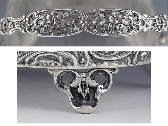 Antique 19th Century Art Nouveau German Openwork Silver Glass Liner Basket Dish - 7