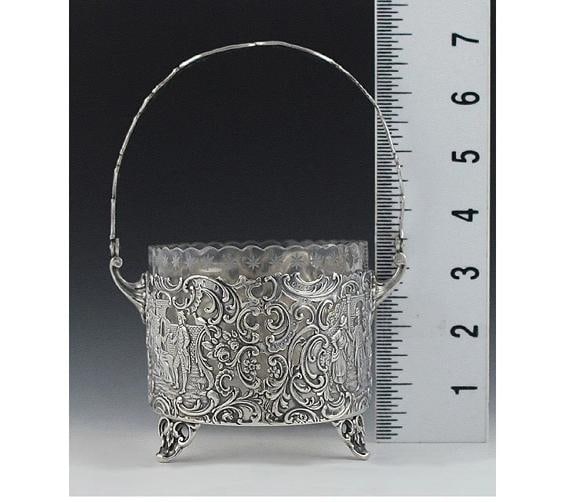 Antique 19th Century Art Nouveau German Openwork Silver Glass Liner Basket Dish - 9