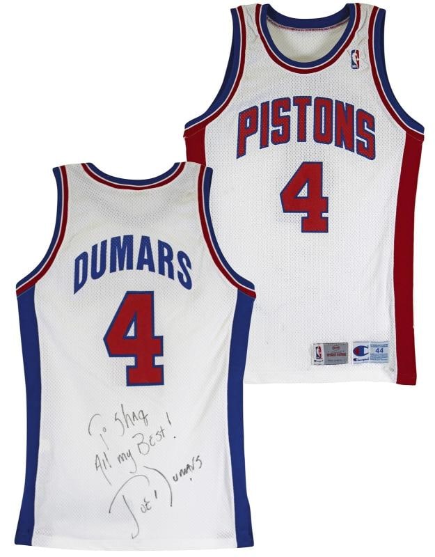 Pistons Joe Dumars Signed 1993-94 Game Issued / Worn White Jersey BAS #AA03173: Team: Detroit Pistons,Player: Joe Dumars,League: NBA,Sport: Basketball,PRODUCT_COA: Beckett,PRODUCT_SIGNED_BY_NAME: Joe Dumars,PRODUCT_SIGNED_BY_BRAND: Detroit Pistons,Country of Origin: Jersey