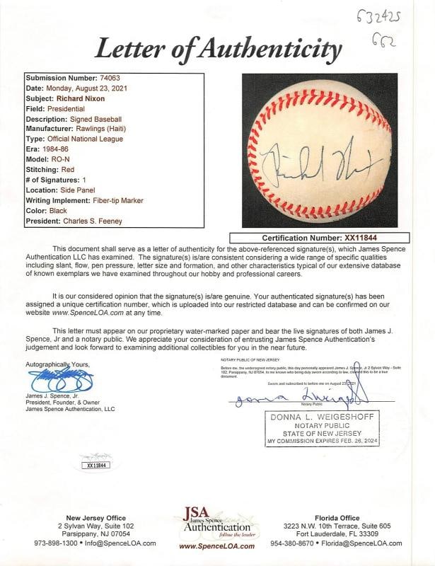 Richard Nixon Authentic Signed Charles Feeney Onl Baseball JSA #XX11844 - 7