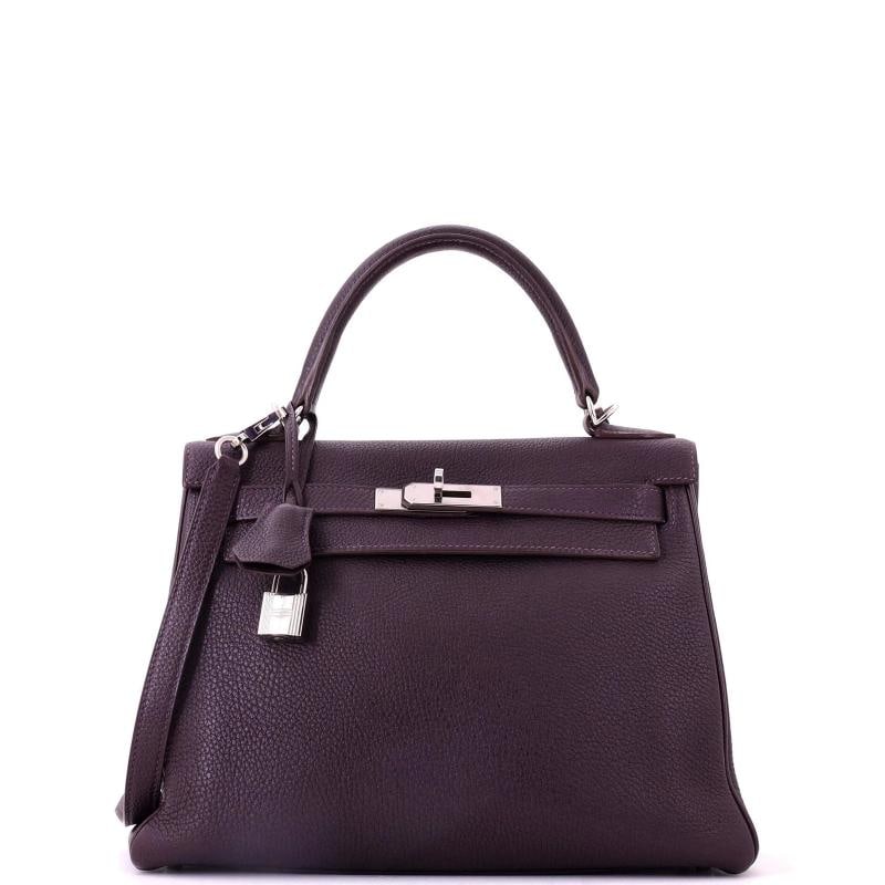 Hermes Kelly Handbag Purple Togo with Palladium Hardware 28: Condition: Pre-owned - Good,Brand: Hermes,Exterior Material: Leather,Style: Top Handle,Exterior Color: Purple,Department: Women,Size: 28,Accessories: Dust Bag, Keys, Lock, Clochette, With Strap