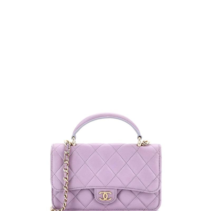 Chanel Classic Top Handle Flap Phone Holder with Chain Quilted Lambskin: Condition: Pre-owned - Good,Brand: Chanel,Exterior Material: Leather,Style: Cross Body Bags,Exterior Color: Purple,Department: Women,Size: Unknown
