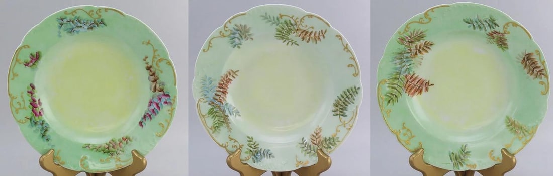 Nice Set 12 c1890 Haviland Limoges Green Hand Painted Floral Wide Rim Soup Bowls - 4