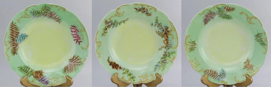 Nice Set 12 c1890 Haviland Limoges Green Hand Painted Floral Wide Rim Soup Bowls - 5