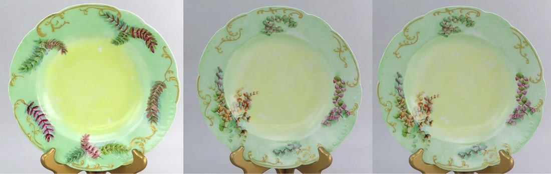 Nice Set 12 c1890 Haviland Limoges Green Hand Painted Floral Wide Rim Soup Bowls - 6