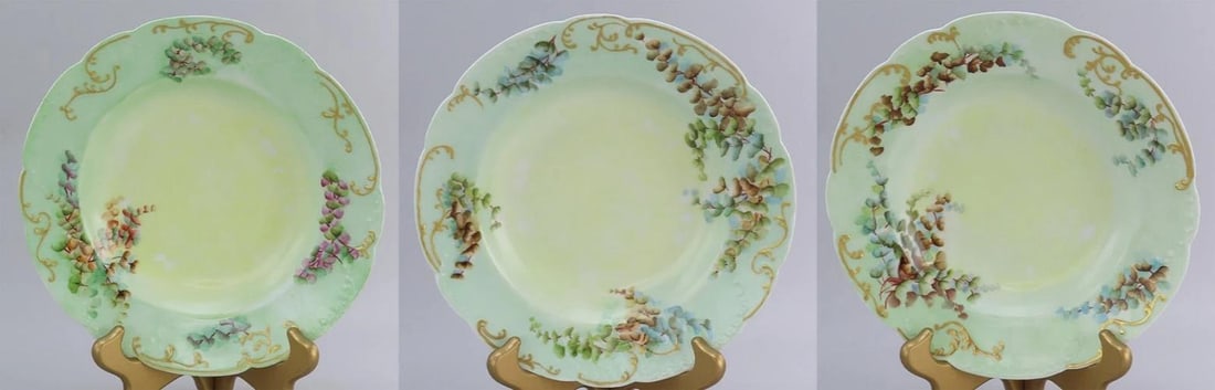 Nice Set 12 c1890 Haviland Limoges Green Hand Painted Floral Wide Rim Soup Bowls - 7
