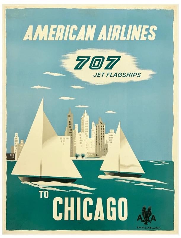 Original Vintage Poster AMERICAN AIRLINES CHICAGO Airline Travel KAUFFER LINEN: Dimensions: 30.2 x 39.8 in. / 77.5 x 101.1 cm.; Circa: 1959 Original vintage "AMERICAN AIRLINES - CHICAGO" airline travel poster, designed by HENRY K. BENCSATH, and printed circa 1959.