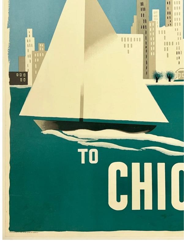 Original Vintage Poster AMERICAN AIRLINES CHICAGO Airline Travel KAUFFER LINEN - 4