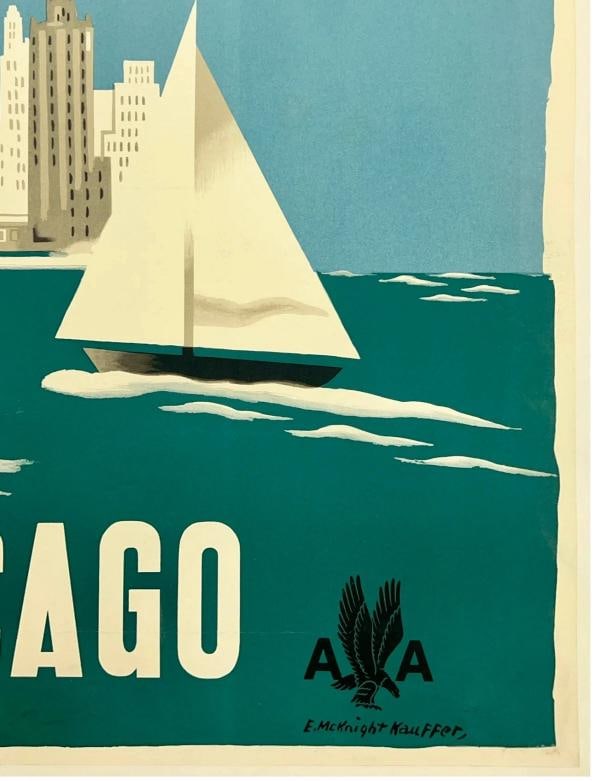 Original Vintage Poster AMERICAN AIRLINES CHICAGO Airline Travel KAUFFER LINEN - 5