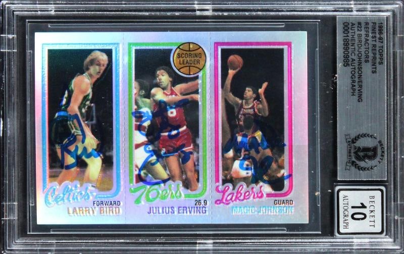 Bird/Erving/Magic Signed 1996 Topps Finest Refractors #22 Card Auto 10 BAS Slab: Sport: Basketball,Product: Box, Box & Case Breaks, Case, Coin, etopps (In-hand), Lot, Pack,,Original/Reprint: Original,Player: Larry Bird, Julius Erving & Magic Johnson,Autograph Authentication: