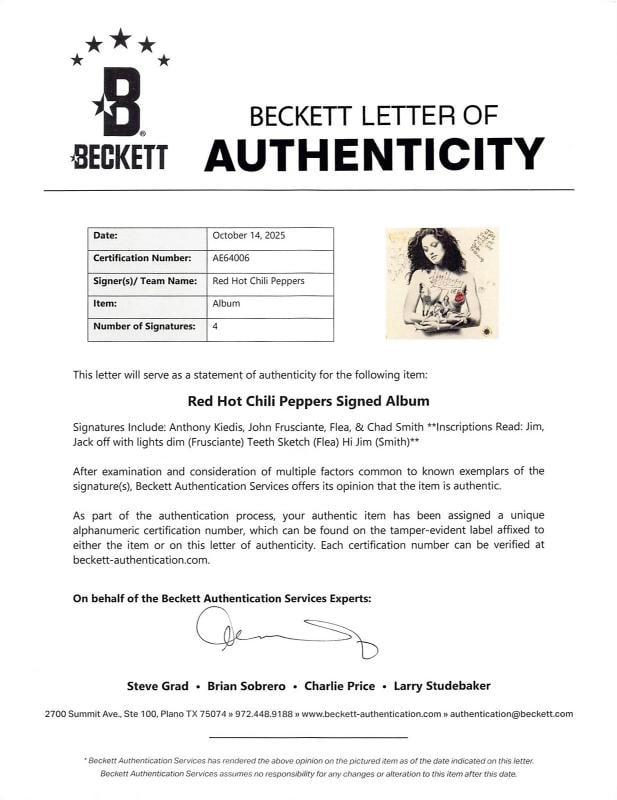 RHCP (4) Kiedis, Flea, Smith, & Frusciante Signed Mother's Milk Album Cover BAS - 6