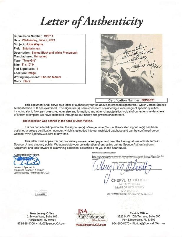 John Wayne True Grit "Good Luck" Authentic Signed 8x10 B&W Photo JSA #BB39621 - 3