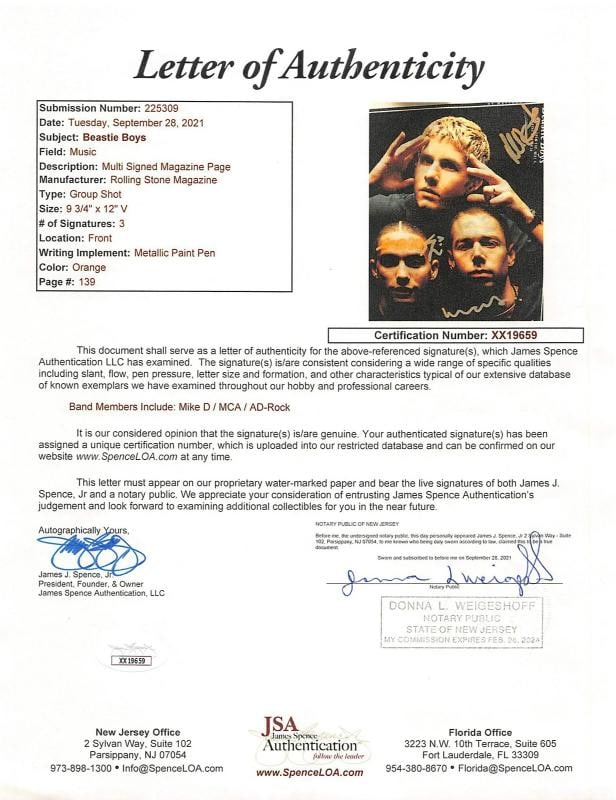Beastie Boys Ad-Rock, MCA, and Mike D Signed 9.75x12 Magazine Page JSA #XX19659 - 3