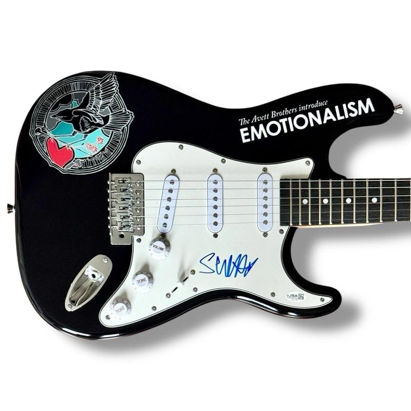Scott Avett Signed Guitar Custom Graphics JSA COA Avett Brothers Emotionalism: Industry: Music,Signed: Yes,Autograph Authentication: James Spence (JSA),Object Type: Guitar & Guitar Pick,Original/Reproduction: Original,Country of Origin: United States
