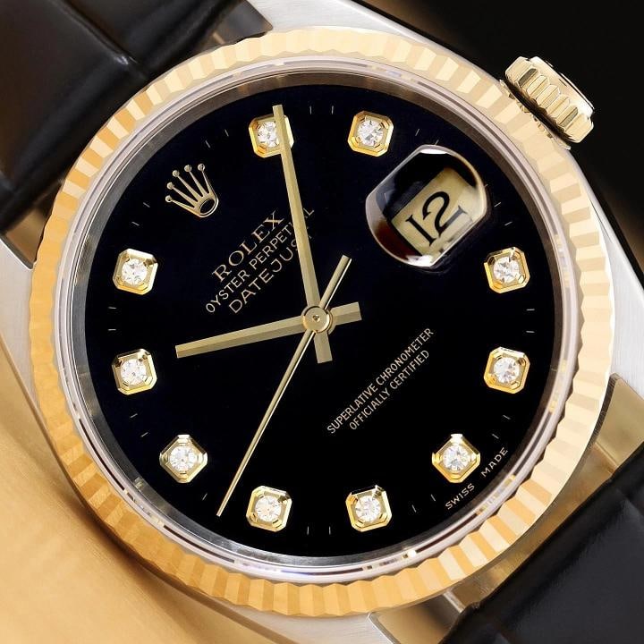 ROLEX MENS DATEJUST 16233 BLACK DIAMOND 18K GOLD STEEL BLACK LEATHER BAND WATCH: Condition: Pre-owned - Excellent,Brand: Rolex,Department: Men's,Dial: Rolex Dial Ref. w/ Added Diamond Markers,Bezel: Rolex 18K Yellow Gold Fluted Bezel,Features: 12-Hour Dial, Chronometer, Sapphire C