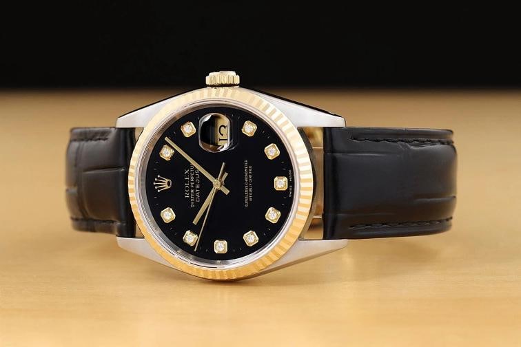 ROLEX MENS DATEJUST 16233 BLACK DIAMOND 18K GOLD STEEL BLACK LEATHER BAND WATCH - 2