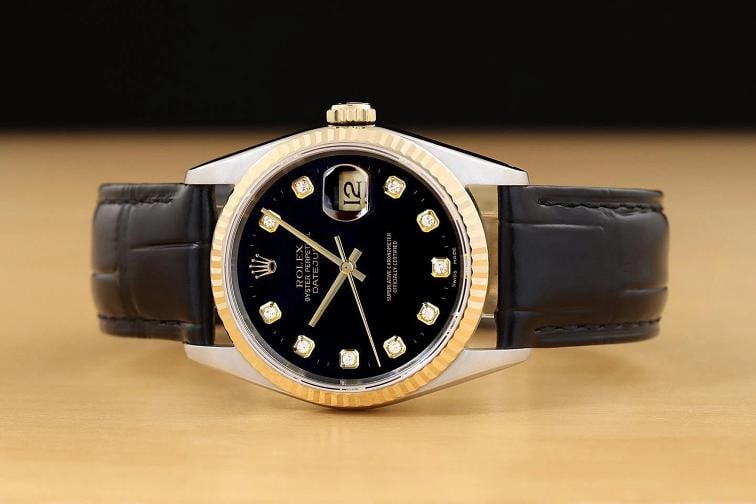 ROLEX MENS DATEJUST 16233 BLACK DIAMOND 18K GOLD STEEL BLACK LEATHER BAND WATCH - 3
