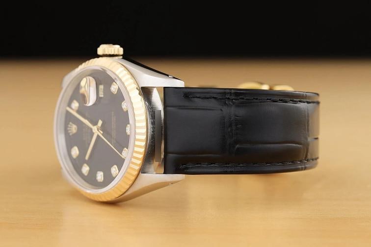 ROLEX MENS DATEJUST 16233 BLACK DIAMOND 18K GOLD STEEL BLACK LEATHER BAND WATCH - 4
