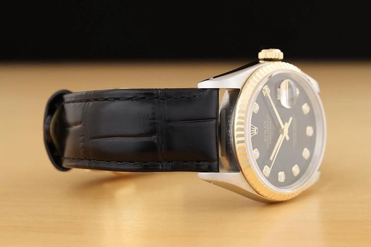 ROLEX MENS DATEJUST 16233 BLACK DIAMOND 18K GOLD STEEL BLACK LEATHER BAND WATCH - 7
