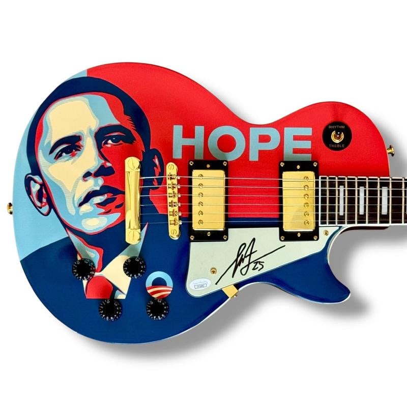 Shepard Fairey Signed Guitar Custom Graphics JSA COA Barrack Obama HOPE: Country of Origin: United States,Artist: Shepard Fairey,Theme: Politics,Subject: Presidents,Production Technique: Vinyl Wrap,Signed: Yes,Autograph Authentication: James Spence (JSA),Industry: