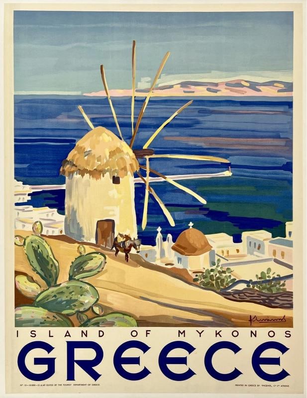 Original Vintage Poster GREECE ISLAND OF MYKONOS Greek Travel Tourism LINEN: Dimensions: 24 x 31.5 in. / 61 x 80 cm.; Circa: 1949 Original vintage "GREECE - ISLAND OF MYKONOS" travel poster, plate signed by its artist, LINAS KOSTAS, and printed circa 1949.