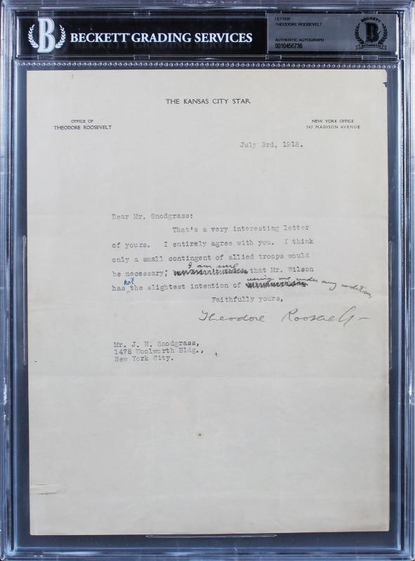 Theodore Roosevelt Authentic Signed 8.5x11 Letter Dated July 3rd, 1918 BAS Slab (1 of 5)