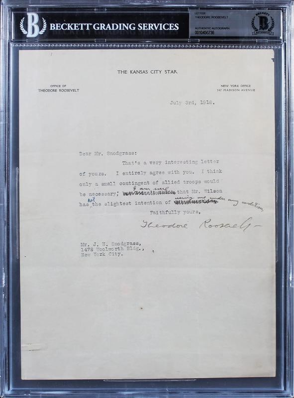 Theodore Roosevelt Authentic Signed 8.5x11 Letter Dated July 3rd, 1918 BAS Slab - 4