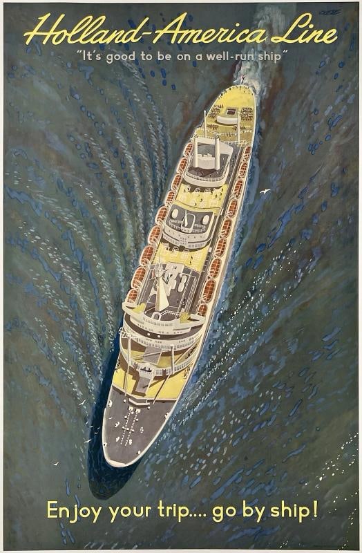Original Vintage Poster HOLLAND AMERICA LINE ENJOY YOUR TRIP GO BY SHIP Linen: Condition: Used,Country of Origin: Netherlands,Artist: Eppo Doeve,Region of Origin: Netherlands,Original/Licensed Reprint: Original,Subject: Cruises, Ships, Tourism, Travel,Type: Poster,Listed By: