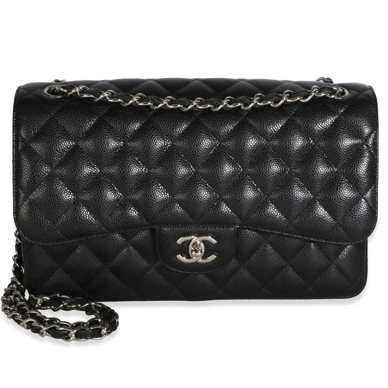 Chanel Black Quilted Caviar Jumbo Double Flap Bag: Condition: Pre-owned - Good,Dimensions: 11.75 x 7.75 x 3.6,Handbag Accessories: Box;Dustbag;Gift Ribbon;Care Booklet;Authenticity Card,Bag Width: 11.75 in,Bag Depth: 3.6 in,Bag Height: 7.75