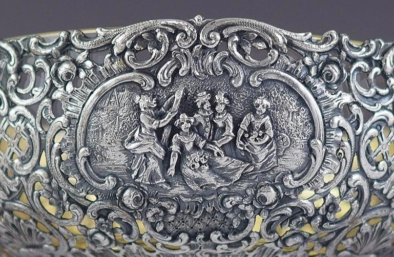 Antique c1900 Art Nouveau German 800 Silver Openwork Bowl w Clear Glass Liner - 3