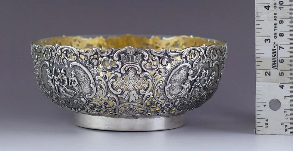 Antique c1900 Art Nouveau German 800 Silver Openwork Bowl w Clear Glass Liner - 4