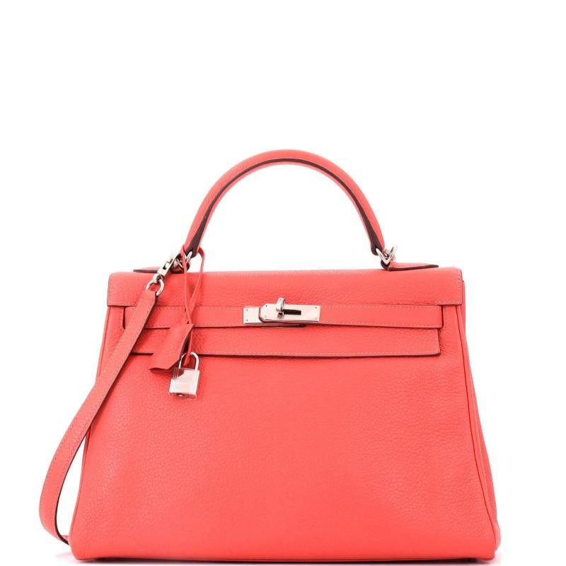 Hermes Kelly Handbag Red Clemence with Palladium Hardware 32: Condition: Pre-owned - Good,Brand: Hermes,Exterior Material: Leather,Style: Top Handle,Exterior Color: Red,Department: Women,Size: 32,Accessories: Keys, Clochette, Lock, With Strap Condition: Great. E