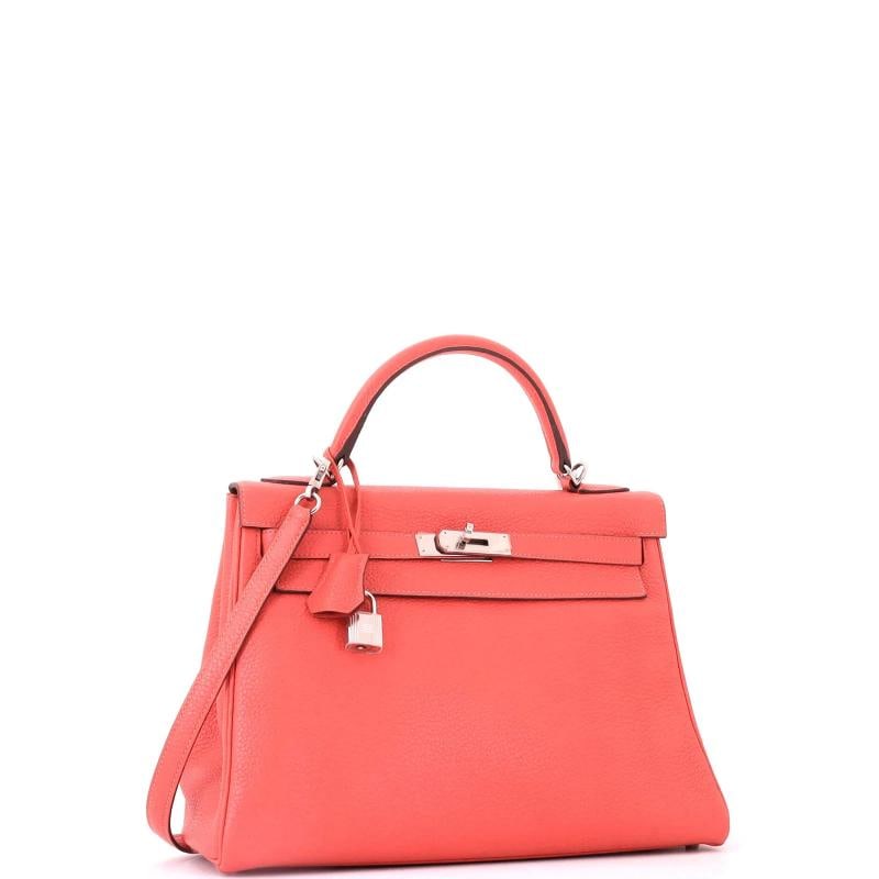 Hermes Kelly Handbag Red Clemence with Palladium Hardware 32 - 2