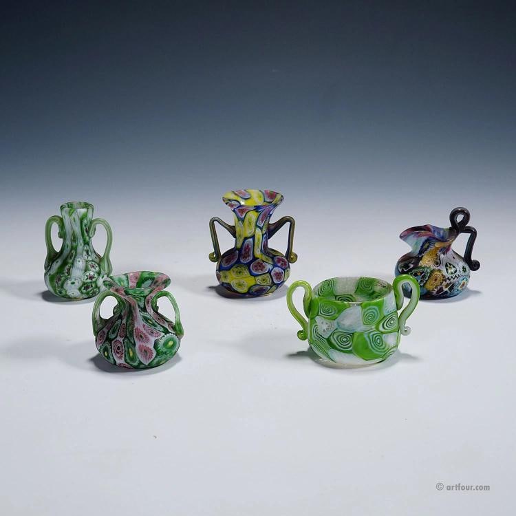 Set of Fife Antique Millefiori Vases by Fratelli Toso, Murano: Condition: Used,Brand: ArtGlass,Type: Vase,Country of Origin: Italy A set of five millefiori murrine glass vases, manufactured by Vetreria Fratelli Toso around 1910-20. All vases feature handles and a