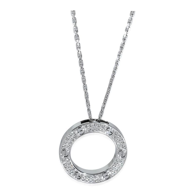 Cartier Love Necklace, Diamonds (White Gold): Condition: Pre-owned - Good,Pendant Shape: Round Brilliant,Necklace Length: 16 in,Country of Origin: France,Clasp/Buckle Type: Lobster Claw,With Original Box/Packaging: Yes,With Papers: Yes,Side Stone