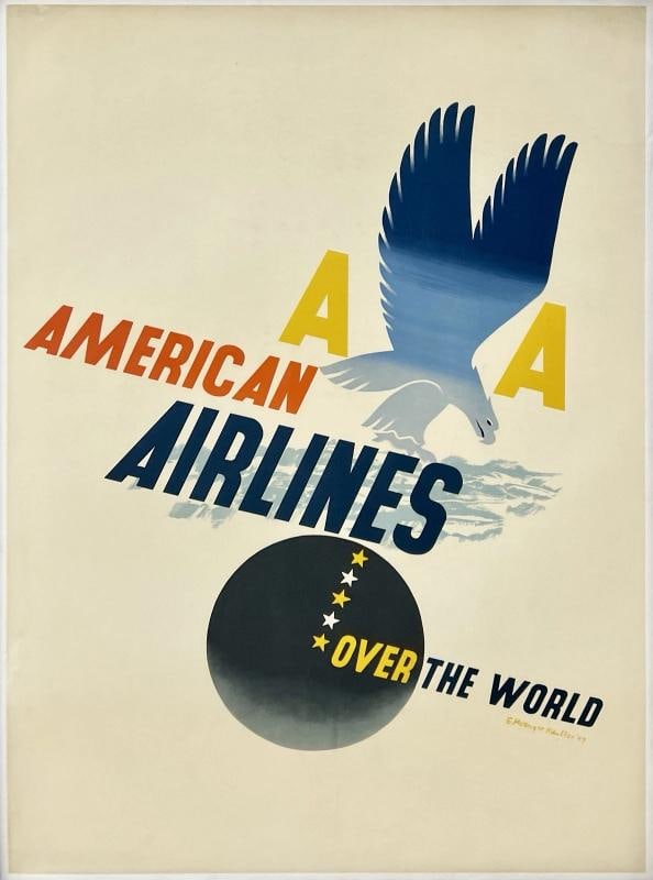 Original Vintage Poster AMERICAN AIRLINES OVER THE WORLD Airline Travel LINEN: Condition: Used,Type: Poster,Airline: American,Country of Origin: United States,Modified Item: No Condition: Very Good / Good * (linen backed; restored areas of edge and corner wear, tears, and small