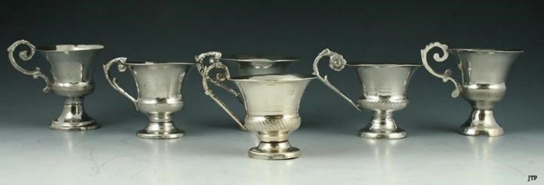 6 Quality Antique Italian Silver Demitasse Cups 1800s: Age: 1850-1899,Composition: .800 purity,Year Made: 1800s,Object Type: Demitasse cups,Country of Origin: Italy 6 Quality Antique Italian Silver Demitasse Cups 1800s Presented is a nice group of 6
